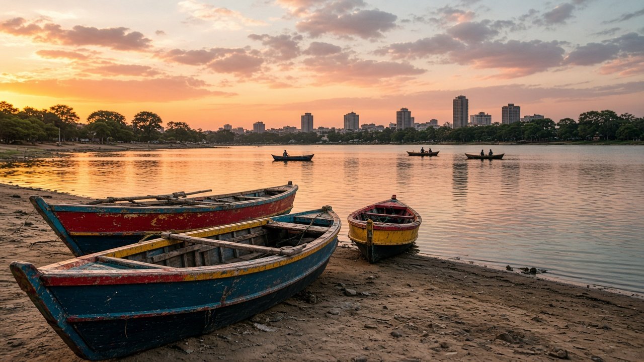 Fishing boats on the Lake Victoria shore at Kisumu at golden hour